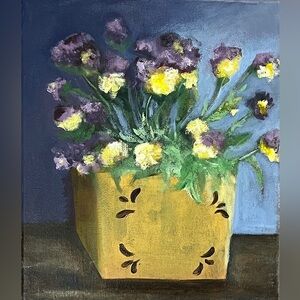 Original hand painted acrylic on canvas floral, flower, purple yellow